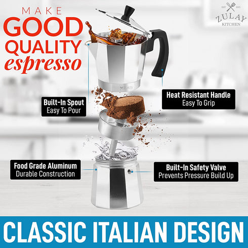 Zulay Classic Stovetop Espresso Maker for Great Flavored Strong Espresso, Classic Italian Style 3 Espresso Cup Moka Pot, Makes Delicious Coffee, Easy to Operate & Quick Cleanup Pot (Silver)