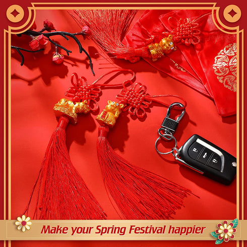 16 Pieces 2022 Chinese New Year Decorations Chinese Knot with New Year Tiger Charm Red Blessing Bag with Fringe Chinese Feng Shui Tiger Tassel for New Year Home Wealth Success Good Luck Success