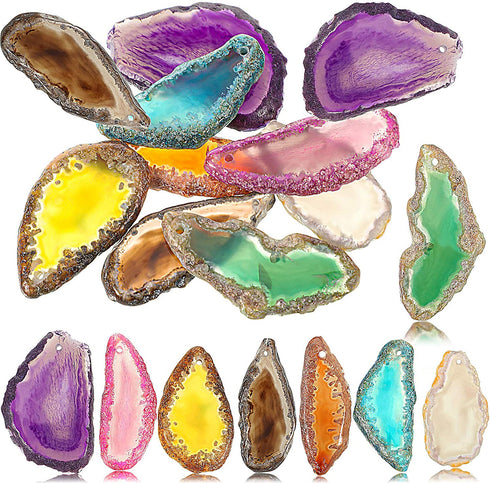 16 Pieces Polished Agate Slices Drilled Agate Pendants Natural Agate Stone Slices Colorful Irregular Agate Slices for Craft Windbell DIY Jewelry Making (Mix Colors)