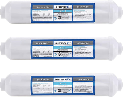 Hydronix 3 Pack ICF-10 Reverse Osmosis Post Polishing, Fridge & Ice Inline Coconut GAC Water Filter, 2000 Gal 1/4" NPT