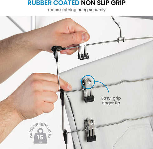 ZOBER Space Saving 5 Tier Metal Skirt Hanger with Clips (3pk) Hang 5-on-1, Gain 70% More Space,Rubber Coated Hanger Clips,360 Swivel Hook,Adjustable Clips Pants Hanger,Hang Slack,Trouser,Jeans,Towels
