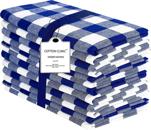 Cotton Clinic 20x20 Gingham Buffalo Check Cloth Dinner Napkins Pack of 12, 100% Cotton Cocktail Napkins, Wedding Dinner Napkins with Mitered Corners and Generous Hem - Navy White