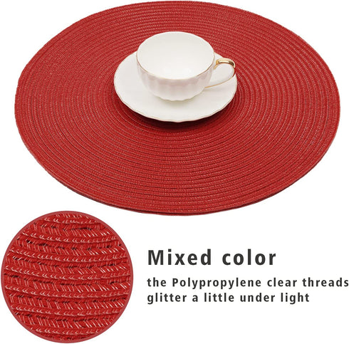 SHACOS Round Placemats Set of 6 Woven Braided 15 inch Circle Placemat for Dining Tables Kitchen Table Mats Washable (Red, 6)