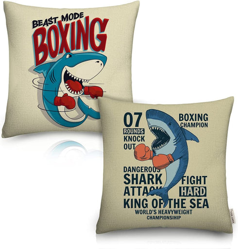 AOOPUC Cartoon Shark Throw Pillow Covers Set of 2 Outdoor Super Soft Breathable Fighter Shark for Kids Throw Pillow Cover Cotton Linen 18 X 18 Inches with Zipper for Living Room Bed Sofa Chair Couch