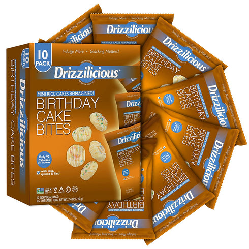 Drizzilicious Birthday Cake 10 Pack | Mini Snack Chocolatey Rice Cakes | Vegan Air Popped Chia, Quinoa, Flax Snacks