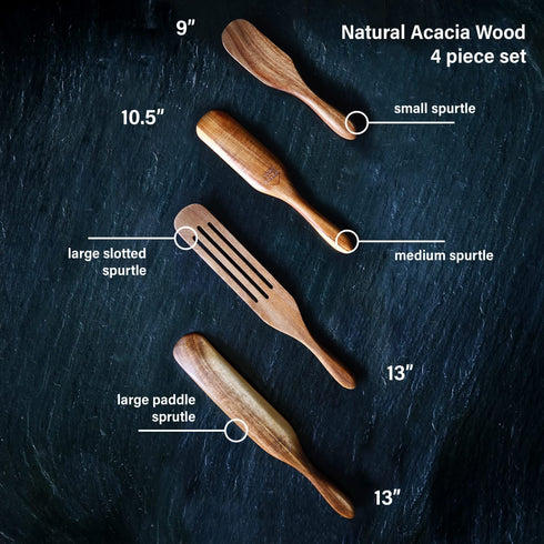 Spurtles Kitchen Tools As Seen on TV - 4 piece Wooden Spurtle set - Natural Acacia Wood Utensils for Cooking - Open Road House Spurtle Set As Seen on TV for Nonstick Cookware, Ceramic Pans, Serving