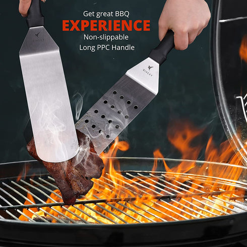 Rivexy Metal Spatula Stainless Steel - 5 Pcs Blackstone Griddle Accessories Kit Including Griddle Scraper - Premium Quality Grill Set for BBQ Accessories - Durable Flat Top Grill Accessories
