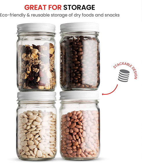 Glass Mason Jars (12 Pack) - Regular Mouth Jam Jelly Jars, Metal Airtight Lid, USDA Approved Dishwasher Safe USA Made Pickling, Preserving, Decorating, Canning Jar, Craft and Dry Food Storage (12 Ounce)