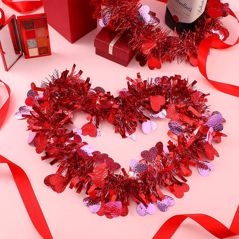 MTLEE 39.4 Feet 6 Pieces Heart Tinsel Garland Valentine's Day Metallic Red Tinsel Twist Garland Hanging Garland Decoration for Valentine's Day Indoor and Outdoor Decorations (Nice Style)