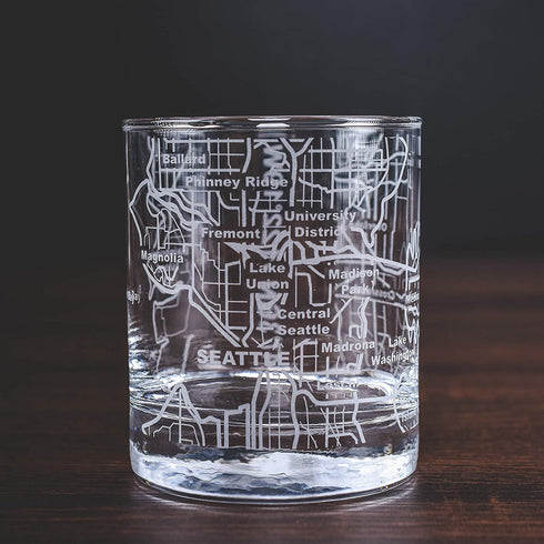 Greenline Goods Whiskey Glasses - 10 Oz Tumbler Set for Seattle lovers, Etched with Seattle Map | Old Fashioned Rocks Glass - Set of 2
