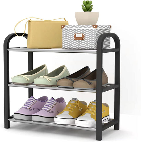 Small Shoe Rack?3-Tier Shoes Shelf Storage Multifunctional Lightweight Organizer Sturdy Metal Stackable Stand Footwear for Closet Living Room Bedroom bathroom(3 Tier Black Shoe Rack)