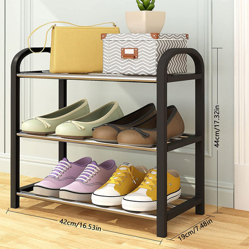 Small Shoe Rack?3-Tier Shoes Shelf Storage Multifunctional Lightweight Organizer Sturdy Metal Stackable Stand Footwear for Closet Living Room Bedroom bathroom(3 Tier Black Shoe Rack)