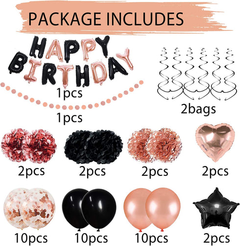 Rose Gold Black Birthday Decorations Set 44 Pieces balloon kit with foil Balloons Suit for 1st 16th 18th 21th 30th 35th 40th 50th 60th 70th, Women Grils Rose Gold and Black Birthday Party Decorations SupplieS