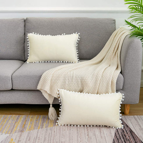 WLNUI Set of 2 Soft Velvet Lumbar Ivory White Pillow Covers 12x20 Inch Decorative Cute Pom Poms Throw Pillow Covers Cushion Case for Sofa Couch Home Farmhouse Decor