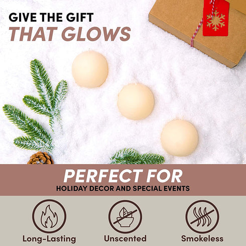 Set of 3 Sphere Ball Candles 3" Unscented Handpoured for Weddings, Home Decoration, Church, Restaurant, Spa, Smokeless Cotton Wick - Ivory