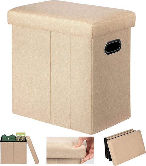 COSYLAND Ottoman with Storage Slim Folding Ottoman Footrest Foot Stool Ottoman for Room Small Tall Collapsible Fabric Ottoman Furniture with Lid Handles Toy Chest Linen Beige 16.5x16.5x10.6in