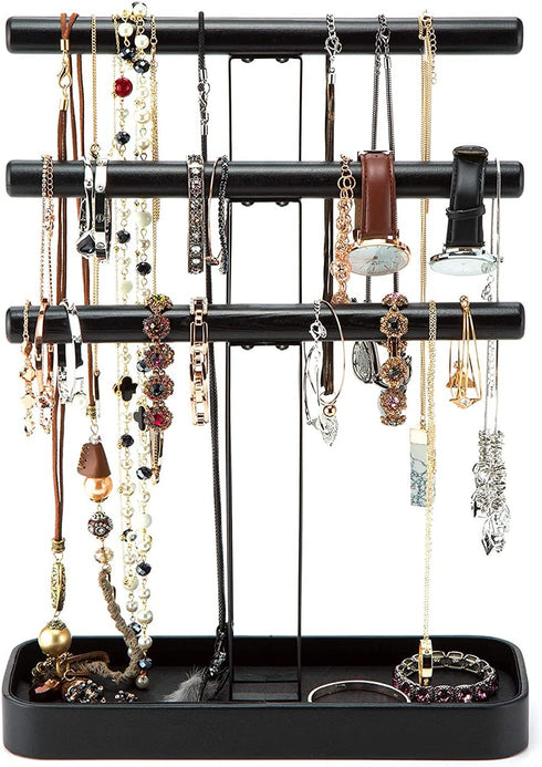 JackCubeDesign Wood 3 Tier Jewelry Display Stand Tree Organizer Bracelet Necklace Holder Rack Hanger Tower with Leather Earring Ring Tray Storage Tabletop(Black, 12 x 4.5 x 15.8 inches) :MK413A