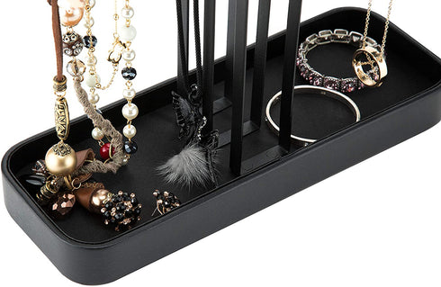 JackCubeDesign Wood 3 Tier Jewelry Display Stand Tree Organizer Bracelet Necklace Holder Rack Hanger Tower with Leather Earring Ring Tray Storage Tabletop(Black, 12 x 4.5 x 15.8 inches) :MK413A