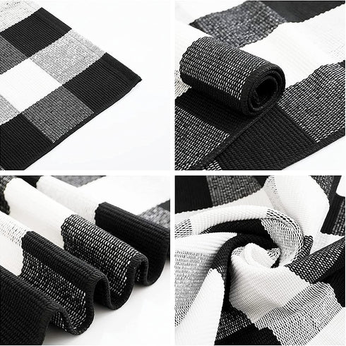 Breezsisan Black and White Layering Doormat Rug 2x4.3 ft. Cotton Woven Buffalo Plaid Outdoor Indoor Runner Rug, Hand-Woven Washable Carpet for Front Porch, Kitchen, Farmhouse, Entryway