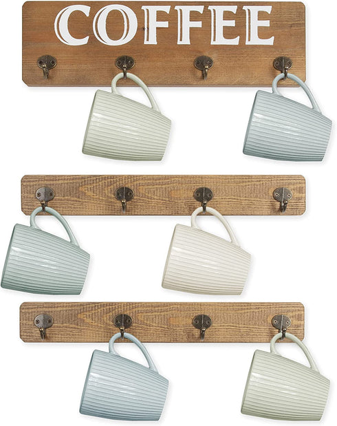 Ilyapa Rustic Wooden Coffee Mug Rack, Wall Mounted Mug Holder for Cups - 12 Hook Brown Wooden Display Rack for Kitchen Storage and Mug Collection