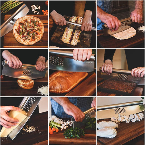 Gemiknife Pizza Cutter Plus. 14? Sharp Rocker Slicer + Built In Cheese Grater. Thick & Sturdy Stainless Steel Blade + Centered Handle + Protective Knife Cover + Dishwasher Safe.