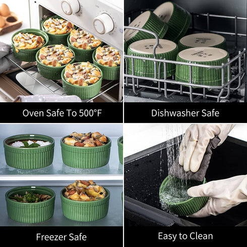 Ramekins Set of 6, vancasso 8 Oz Ramekin Set for Baking, Porcelain Souffle Dishes Microwave and Oven Safe, Ceramic Custard Cups for Creme Brulee, Pudding, Cake, Dessert, Dip Sauce Bowls (Green)
