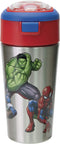 Zak Designs Comics Durable Stainless Steel Straw Bottle with Push-Button Flip Lid Vacuum Insulation Keeps Drinks Cold, BPA-Free, (1PC, 12oz), Marvel Universe