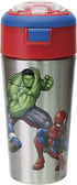 Zak Designs Comics Durable Stainless Steel Straw Bottle with Push-Button Flip Lid Vacuum Insulation Keeps Drinks Cold, BPA-Free, (1PC, 12oz), Marvel Universe