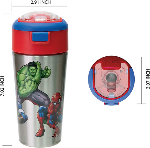 Zak Designs Comics Durable Stainless Steel Straw Bottle with Push-Button Flip Lid Vacuum Insulation Keeps Drinks Cold, BPA-Free, (1PC, 12oz), Marvel Universe