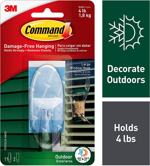Command Outdoor Large Window Hook, Clear, 1-Hook, 2-Strips, Decorate Damage-Free
