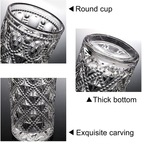 Yesland 6 Pack Vintage Drinking Glasses - 12 Oz Romantic Water Glassware Crystal Emboss Juice Glasses - Double Old Fashioned Glass and Tasting Tumblers for Juice, Cocktail, Whiskey, Beverages, Beer