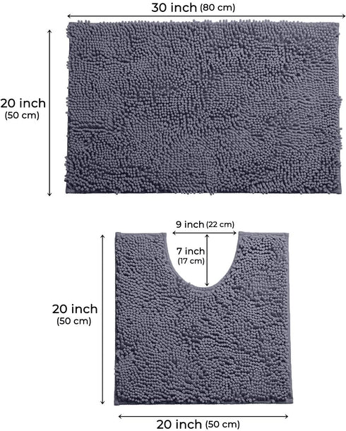 Bathroom Rugs Sets 2 Piece, Luxury Chenille Bath Mat Set, Soft Plush Anti-Slip Bath Rugs + U Shape Contoured Gray Bathroom Rugs.1'' Microfiber Shaggy Carpet, Super Absorbent, Dark Grey.