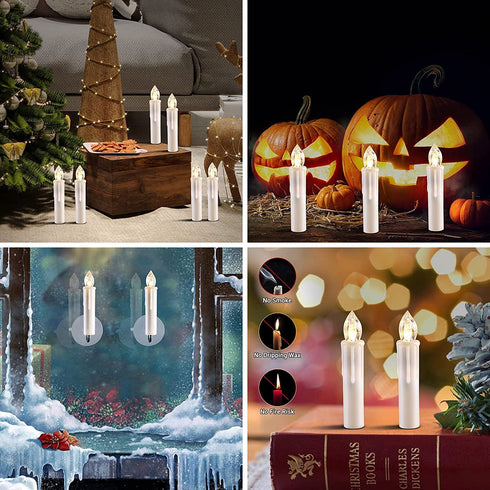 OWLBAY Set of 10 Ivory Flameless Window Candles, 4H Battery Operated LED Flickering Taper Candles with Remote and Timer, Warm White Candlelight, Ideal for Chandelier/Birthday/Christmas/Party Decor