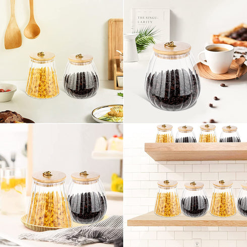 Glass Coffee Nuts Canister Airtight Storage Jar Petal Decorative Container with Bamboo Lid Metal Handle Easy to Grasp 1600ml, 54 FL OZ (Large Conical)