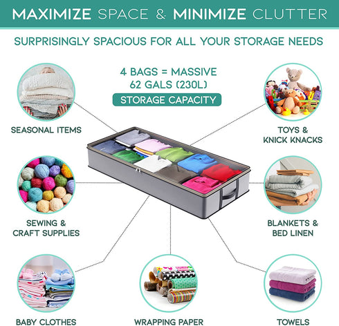 Undercover Cubes 3 Large Underbed Storage Bags + 1 Organizer Bin Foldable Under Bed Storage Containers for Clothes, Blankets, Toys & Shoes by Mill & Mint, Gray