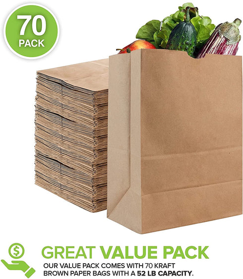 Stock Your Home 52 Lb Kraft Brown Paper Bags (70 Count) - Kraft Brown Paper Grocery Bags Bulk - Large Paper Bags for Grocery Shopping