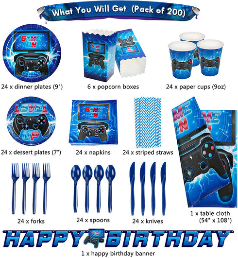 DECORLIFE Video Game Party Supplies Serves 24, Complete Gamer Party Supplies Includes Tablecloth, Popcorn Boxes, Blue, Total 200pcs for Boys Birthday