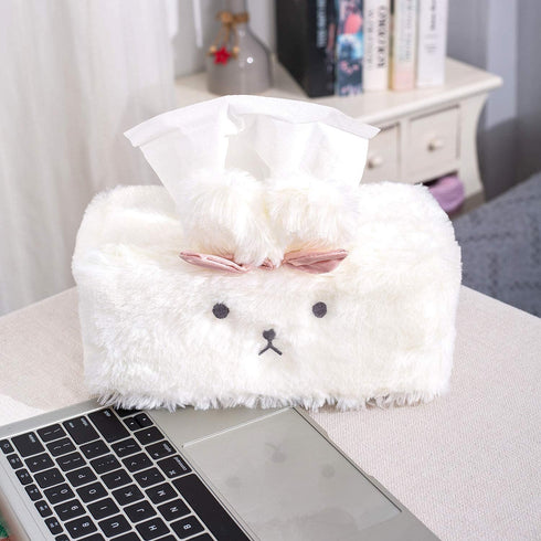 SQUISHY DOT Tissue Holder Decorative, Cute Tissue Box Cover, Fluffy Plush Cover, Home décor, Office Desk Decoration, car Accessories, Bunny, Rabbit (White, Fluffy Rectangle)