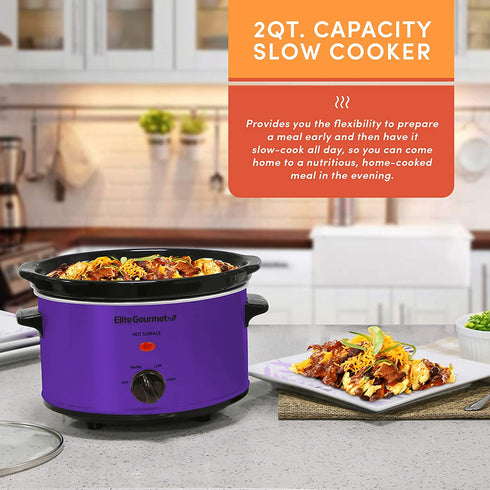 Elite Gourmet MST-275XP Electric Oval Slow Cooker, Adjustable Temp, Entrees, Sauces, Stews & Dips, Dishwasher Safe Glass Lid & Crock (2 Quart, Purple)