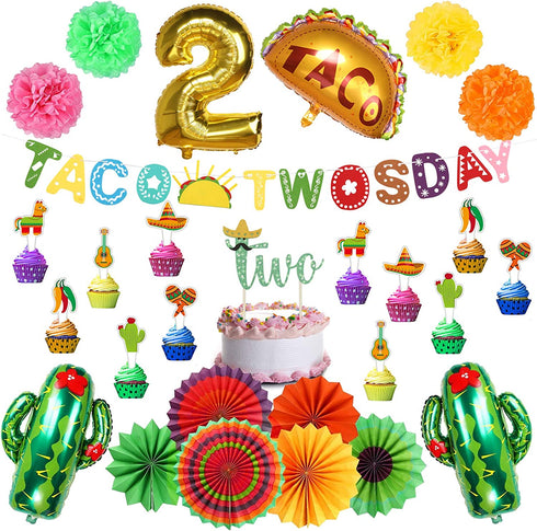 Ayamuba Taco Twosday Birthday Party Decorations - 2nd Fiesta Birthday Party with Fiesta Paper Fans, Taco Twosday Banner for 2nd Birthday Cinco De Mayo Mexican Fiesta Party Supplies