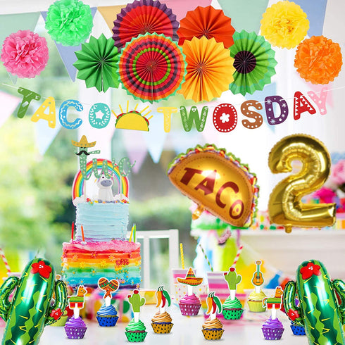 Ayamuba Taco Twosday Birthday Party Decorations - 2nd Fiesta Birthday Party with Fiesta Paper Fans, Taco Twosday Banner for 2nd Birthday Cinco De Mayo Mexican Fiesta Party Supplies