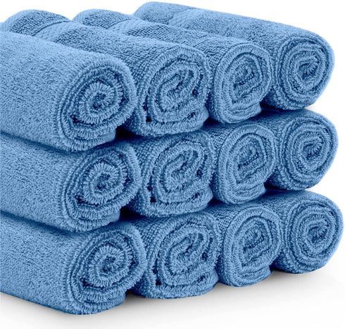 White Classic Luxury Cotton Washcloths - Large Hotel Spa Bathroom Face Towel | 12 Pack | Light Blue