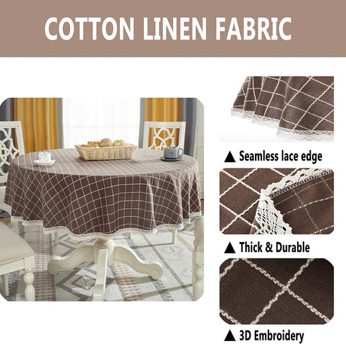 Bettery Heavy Weight Cotton Linen Tablecloth Lace Plaid Round Table Cloth for Kitchen Dining Room Tabletop Decoration, 48" - Round, Coffee