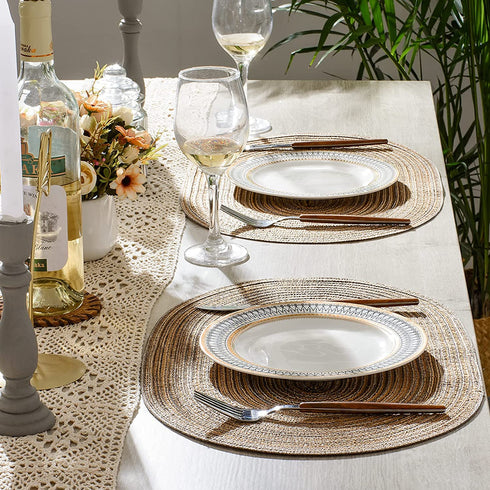 AHHFSMEI Oval Braided Placemats 12x18 Inch Oval Table Mats for Dining Tables Natural Woven Heat Resistant Place mats Set of 6 (Multi Brown)