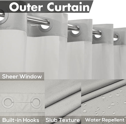 No Hooks Needed Shower Curtain with Snap-in PEVA Liner Set - Hotel Style with See Through Top Window, Machine Washable & Water Repellent, Gray, 71x74