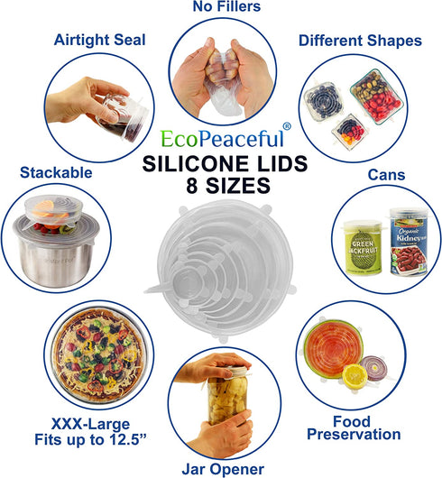 EcoPeaceful 8 Stretch Silicone Food Cover Lids (Largest Sizes XXL-XS ) 4 Silicone Zip Lock Bags (2 Small, 2 Large)