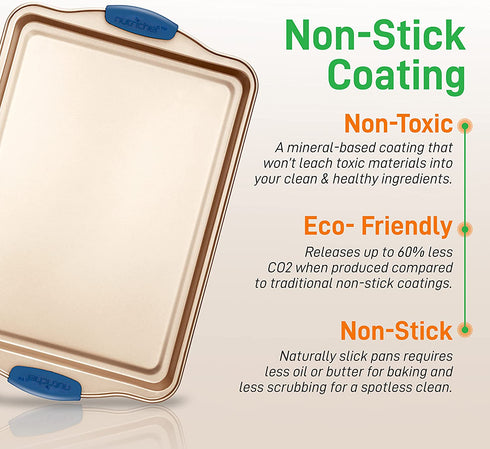 3-Piece Nonstick Bakeware Set - PFOA, PFOS, PTFE-Free Carbon Steel Baking Trays w/ Heatsafe Blue Silicone Handles, Oven Safe Up to 450°F, Small, Medium & Large Cookie Sheet Pans