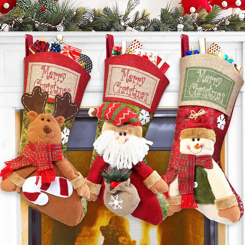 Linkowin Christmas Stockings, 3 Pack Classic 3D Xmas Stockings, Santa, Snowman, Reindeer Fireplace Character 18" Hanging Decorations, Xmas Stocking Holder Bulk for Family Home Holiday Xmas Tree Decor