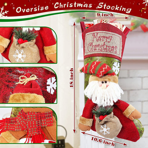 Linkowin Christmas Stockings, 3 Pack Classic 3D Xmas Stockings, Santa, Snowman, Reindeer Fireplace Character 18" Hanging Decorations, Xmas Stocking Holder Bulk for Family Home Holiday Xmas Tree Decor