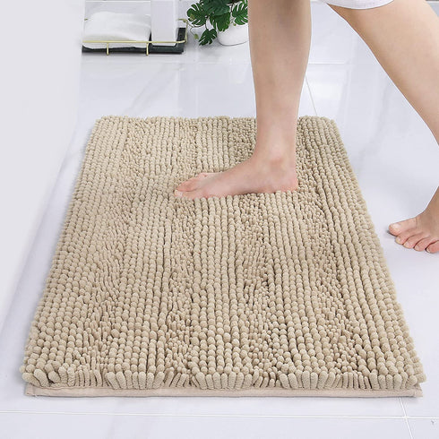 Grandaily Chenille Striped Bathroom Rug Mat, Extra Thick and Absorbent Bath Rugs, Non-Slip Soft Plush Shaggy Bath Carpet, Machine Wash Dry, Bath Mats for Bathroom, 17x24, Beige